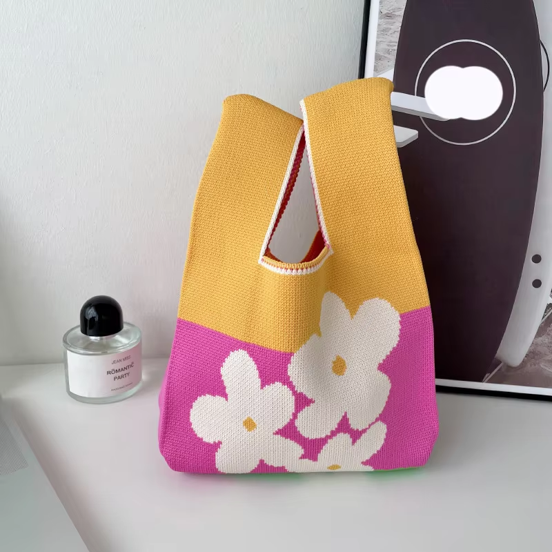 Mini Purse Custom Kids Tote Handbags Polyester Knitted Shoulder Bag Floral Beach Tote Bags for Women