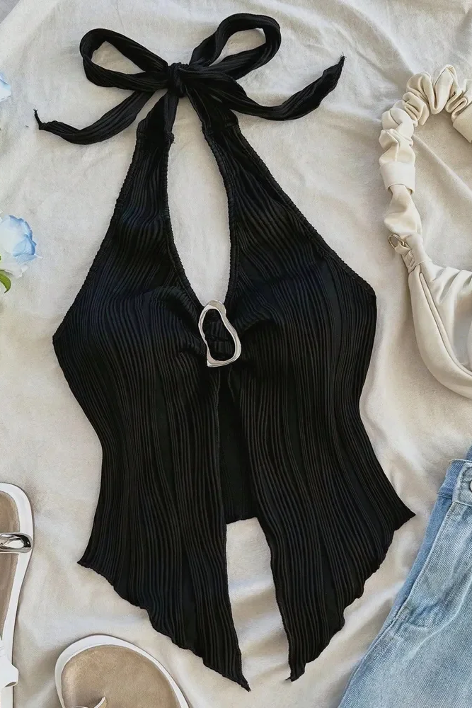 Sexy V-neck Halter Neck Crop Top for Women Sleeveless Solid Split Backless Top Y2K Clothes ﻿