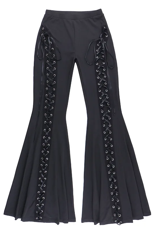 Sexy Punk Flared Pants Long Trouser Women Lace Up Front Hollow Cut Out Bell Bottom Tied Up High Waist Streetwear ﻿