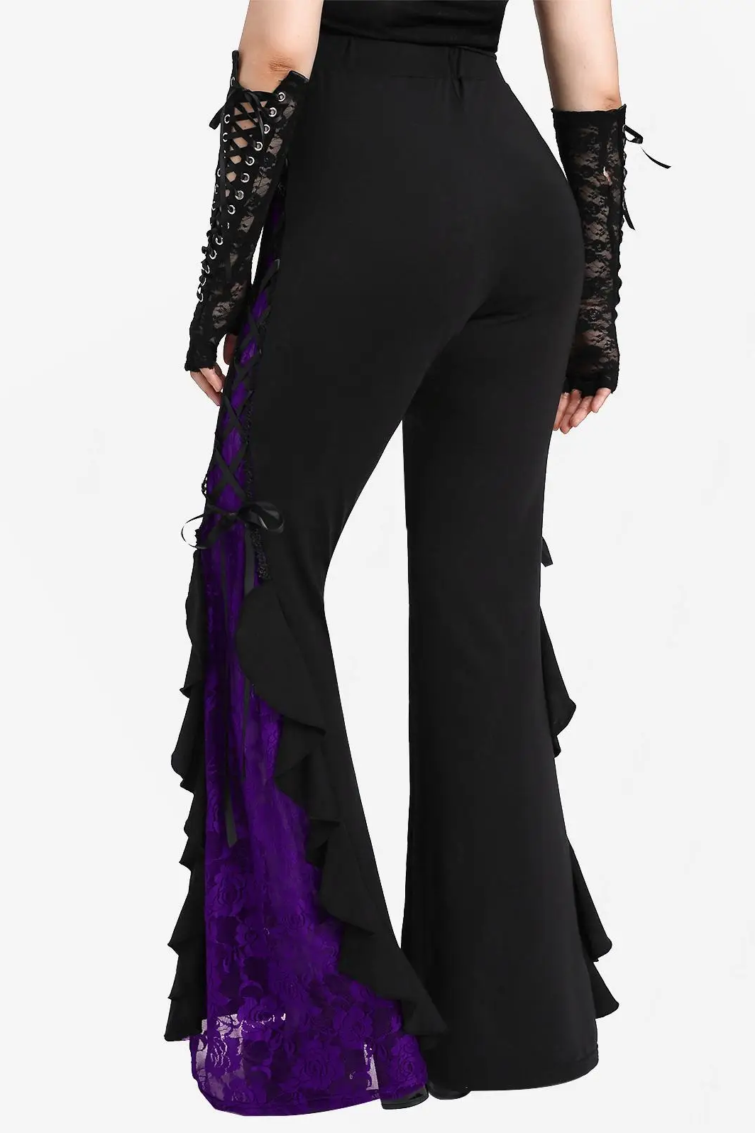 Gothic Lace Panel Lace-up Ruffle Flare Pant Women Streetwear Elastic Waist Pull On Pant Colorblock Bell Bottom