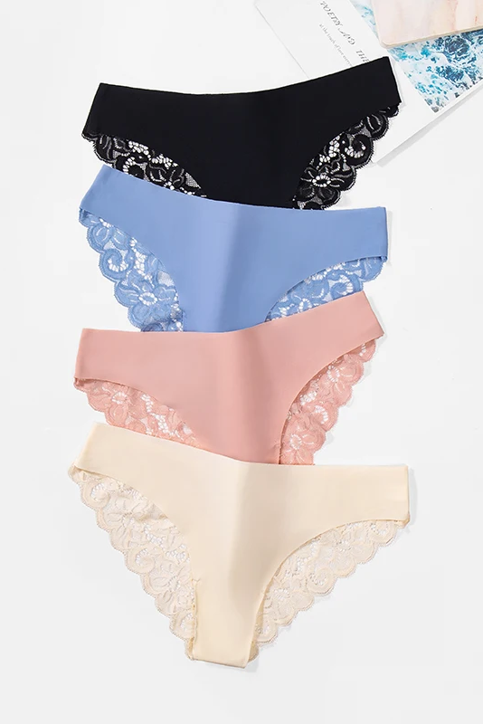 3PCS Women's Panties Set Sweet Lace Female Underwear Hollow Out Sexy Lingerie Soft Silk Satin Briefs Cozy Woman Underpants