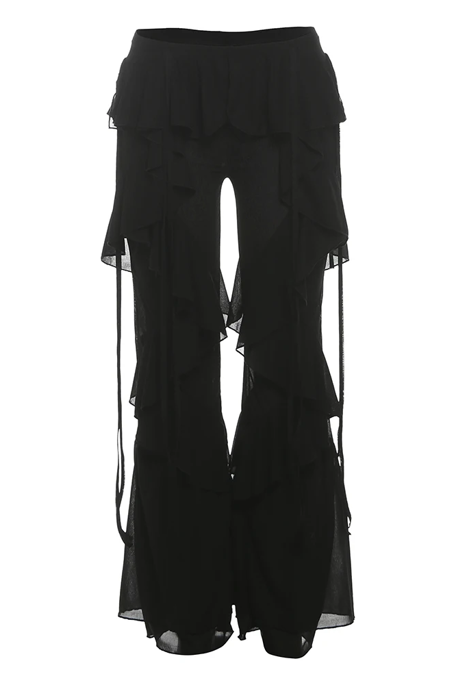 Irregular Tierred Flare Pants Women Y2K Patchwork See Through Summer Hipster Wild Basic Street Trend Classic Trousers