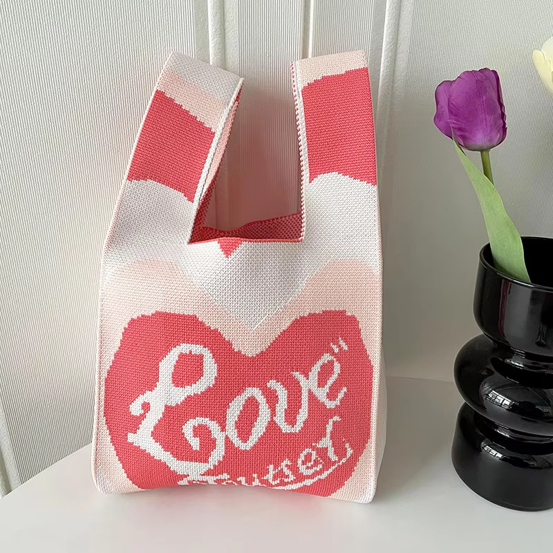 Mini Purse Custom Kids Tote Handbags Polyester Knitted Shoulder Bag Floral Beach Tote Bags for Women