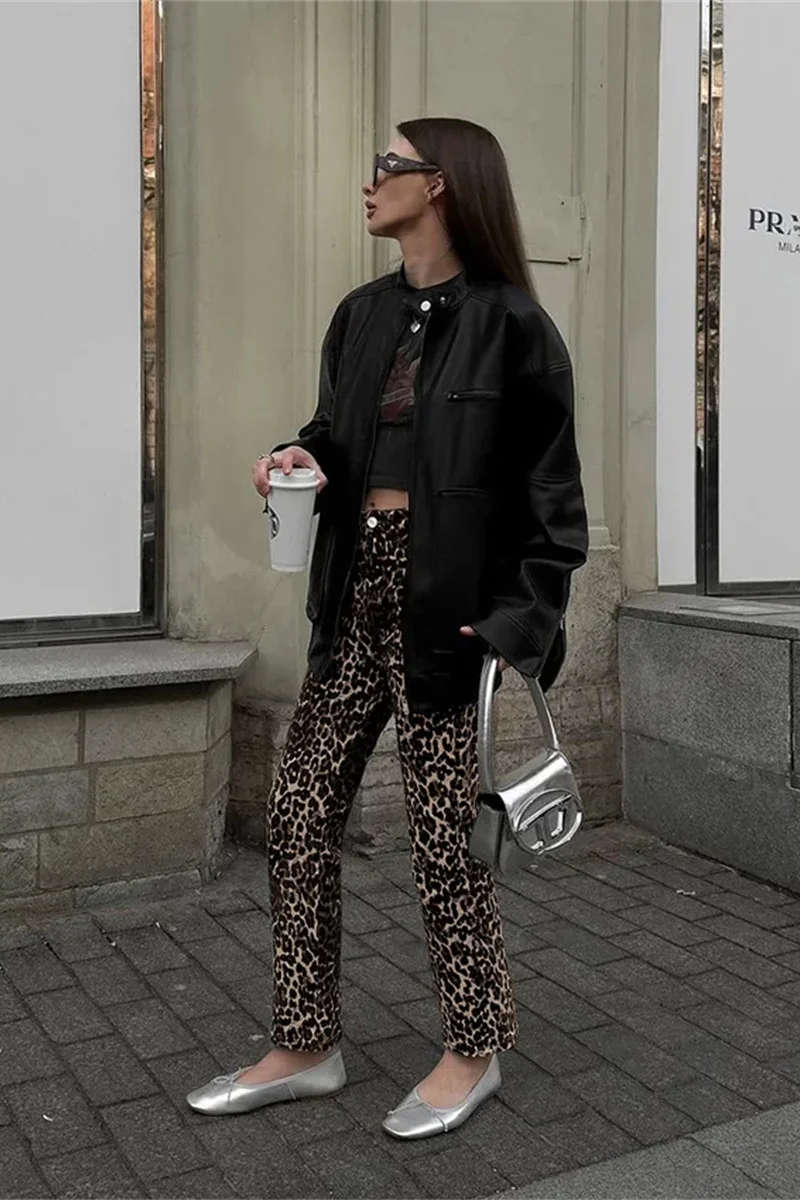 Vintage Leopard Jeans Women Denim Pants Female Oversize Casual Wide Leg Trousers Streetwear Hip Hop Clothes Loose Y2K
