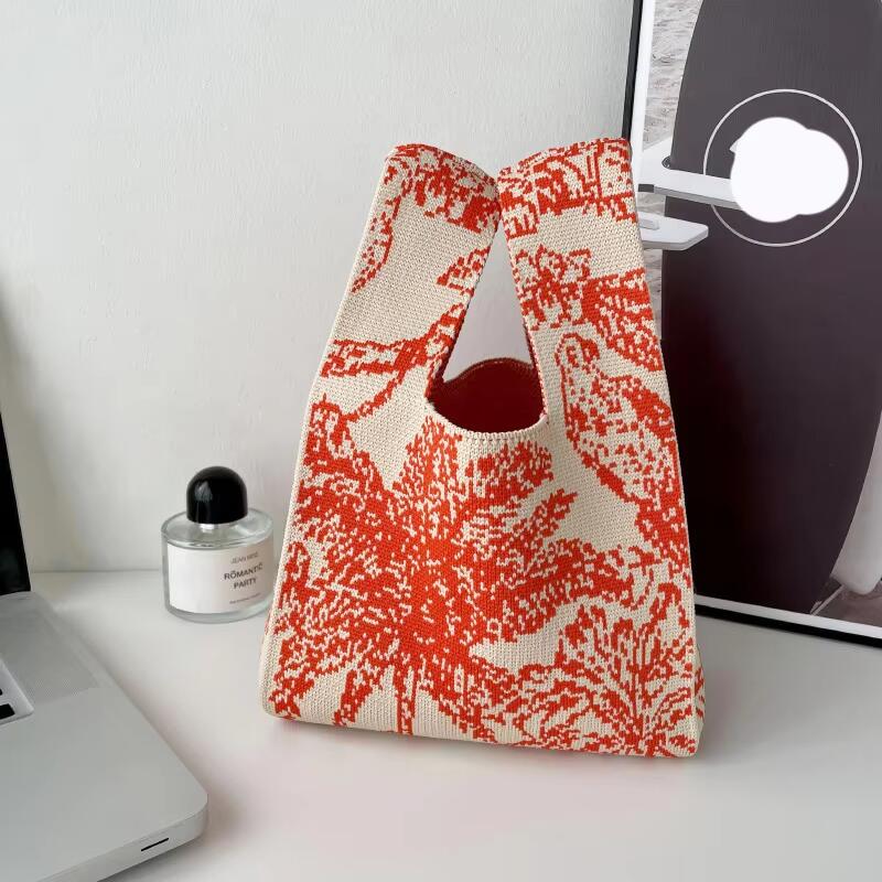 Mini Purse Custom Kids Tote Handbags Polyester Knitted Shoulder Bag Floral Beach Tote Bags for Women