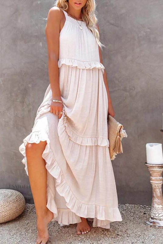 Women Casual Solid Ruffles Long Dress Summer Elegant Sleeveless Sundress Elegant Harajuku Maxi Dress Beach Party Evening Vestido