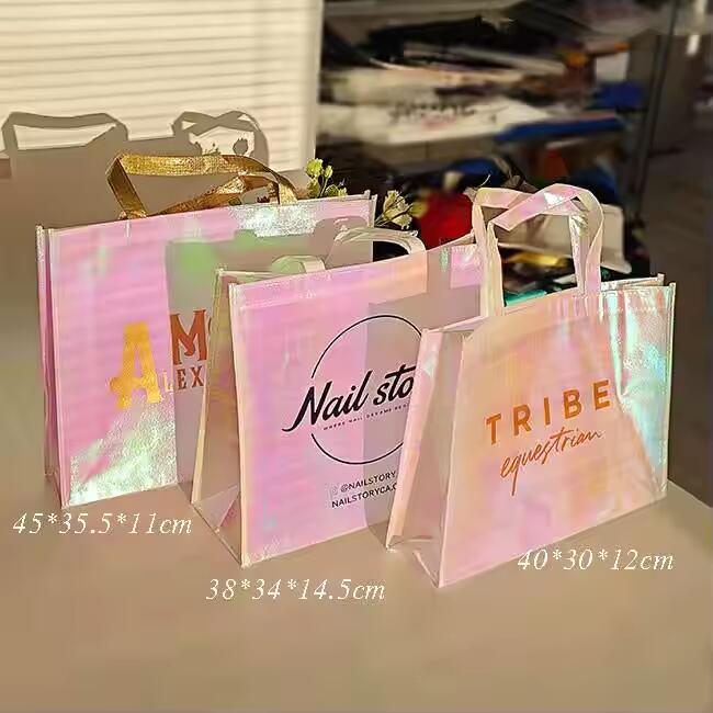 Custom Logo Reusable Pink Holographic Metallic Shiny Laminated Non Woven Iridescent Gift Tote Non-Woven Shopping Bag With Logo