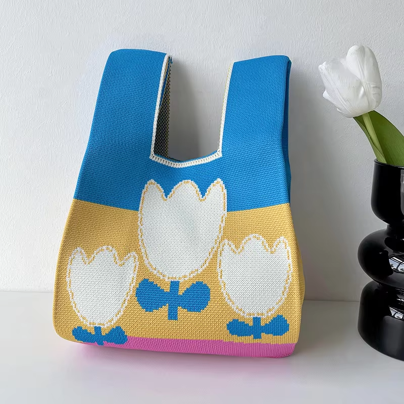 Mini Purse Custom Kids Tote Handbags Polyester Knitted Shoulder Bag Floral Beach Tote Bags for Women