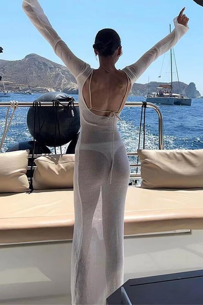 Fashion Women Wrapped Dress Long Sleeve Round Neck See Through Sunscreen Solid Color Backless Beach Long Dress Summer Cover Up
