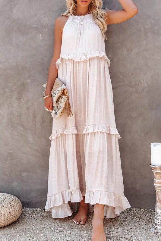 Women Casual Solid Ruffles Long Dress Summer Elegant Sleeveless Sundress Elegant Harajuku Maxi Dress Beach Party Evening Vestido