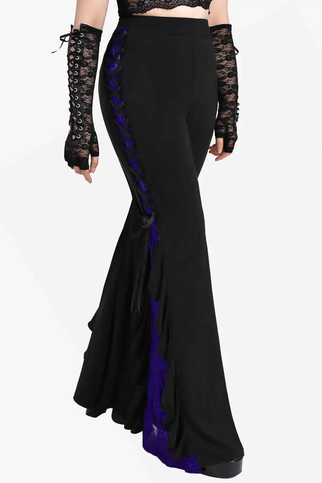 Gothic Lace Panel Lace-up Ruffle Flare Pant Women Streetwear Elastic Waist Pull On Pant Colorblock Bell Bottom