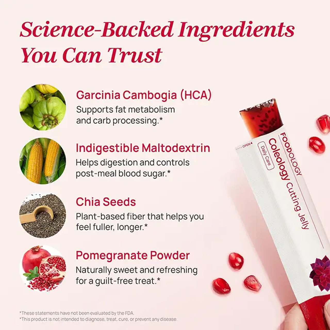 FOODOLOGY Coleology Cutting Jelly – 10-Day Program with Garcinia Cambogia, Chia Collagen & Hyaluronic Acid | Pomegranate Flavor, 10 Sticks (8.81 oz)