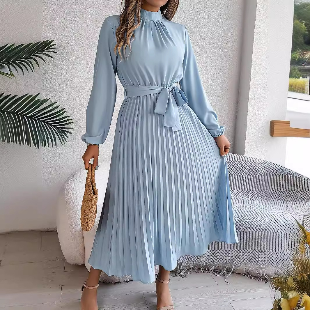 Autumn and winter elegant stand collar long sleeve waist pleated maxi dress blue