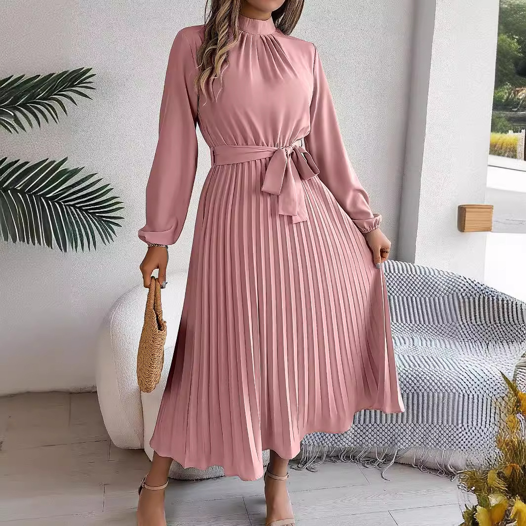 Autumn and winter elegant stand collar long sleeve waist pleated maxi dress pink