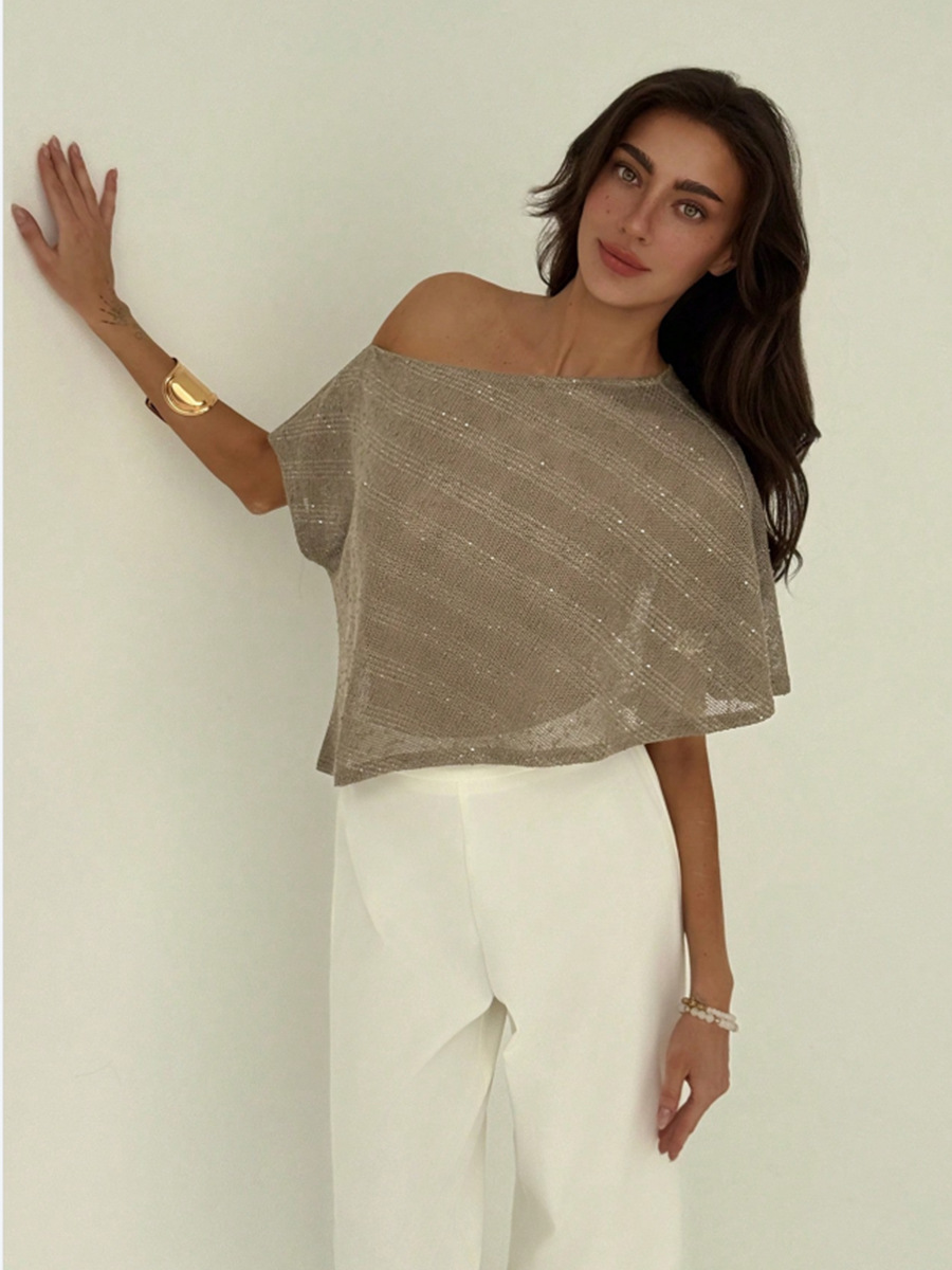 Loose T-shirt with off-shoulder design and sequined semi-transparent pullover for women
