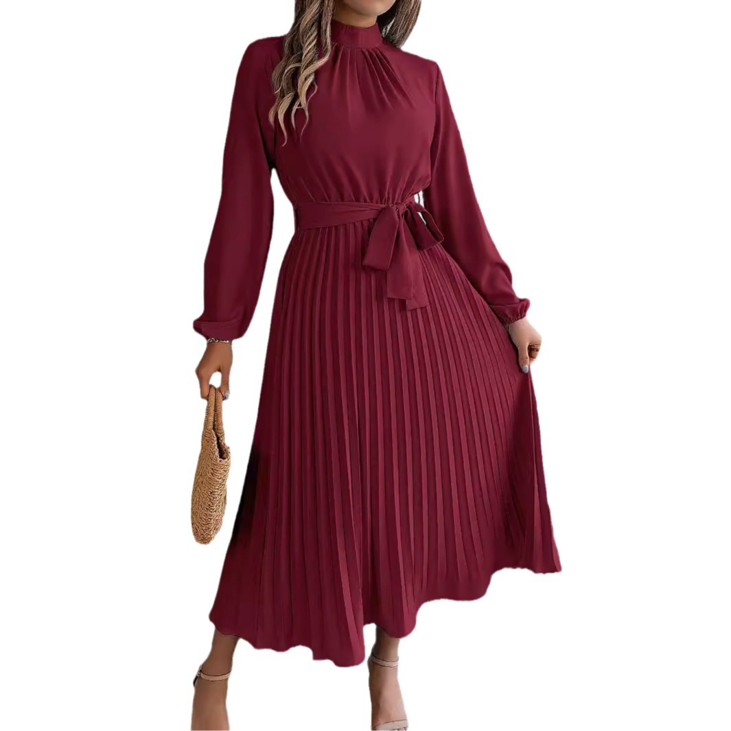 Autumn and winter elegant stand collar long sleeve waist pleated maxi dress red