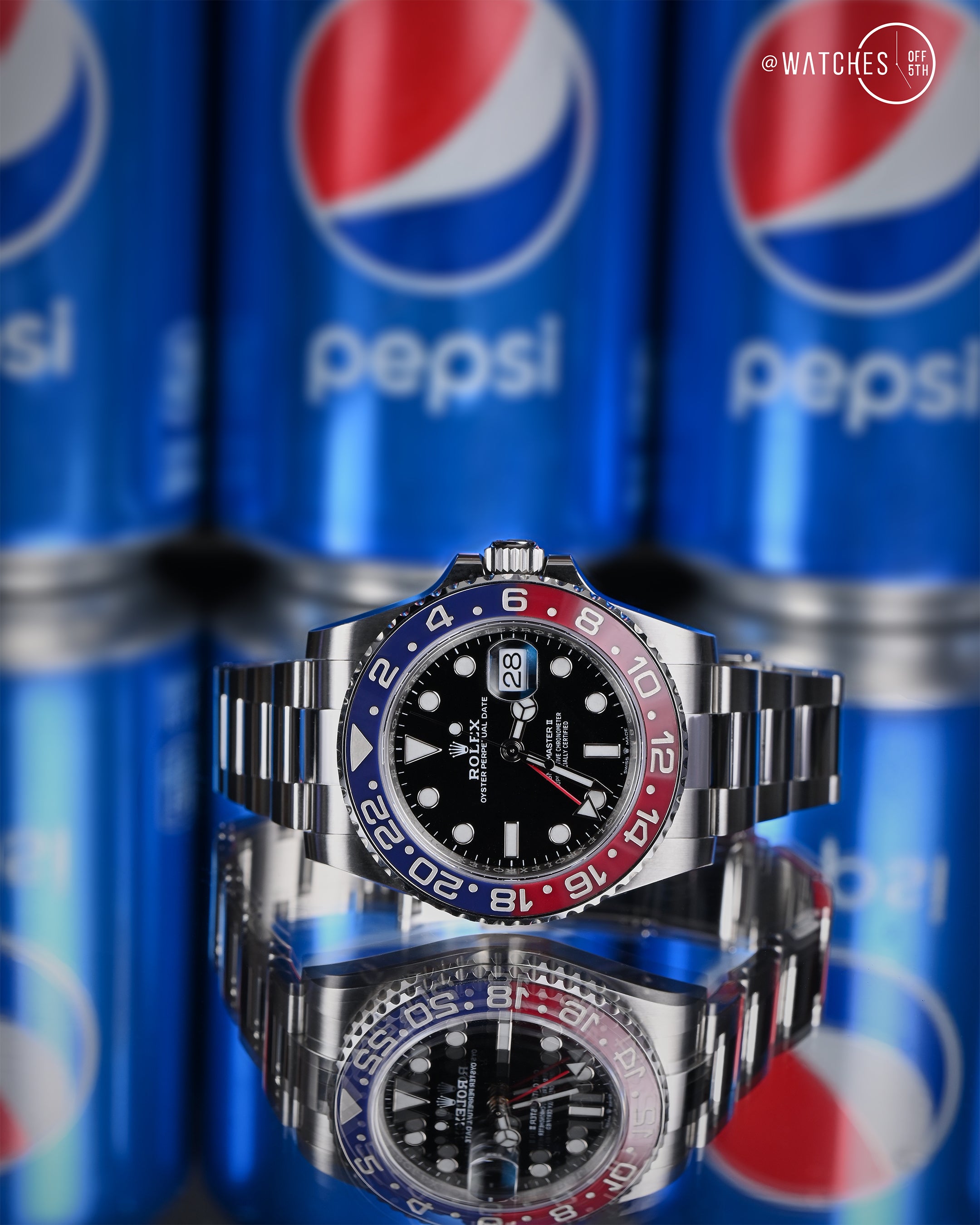 Rolex Steel GMT-Master II 40 Watch - Blue And Red Pepsi Bezel - Black Dial - Oyster Bracelet (Ref# 126710BLRO)