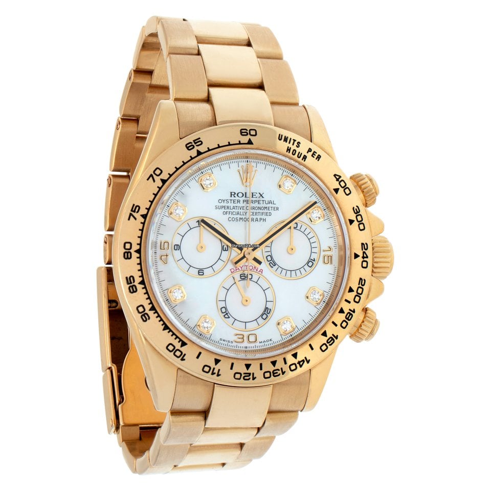 Rolex Daytona Yellow Gold Mother of Pearl Diamond Dial Mens Watch 116528 Box Card