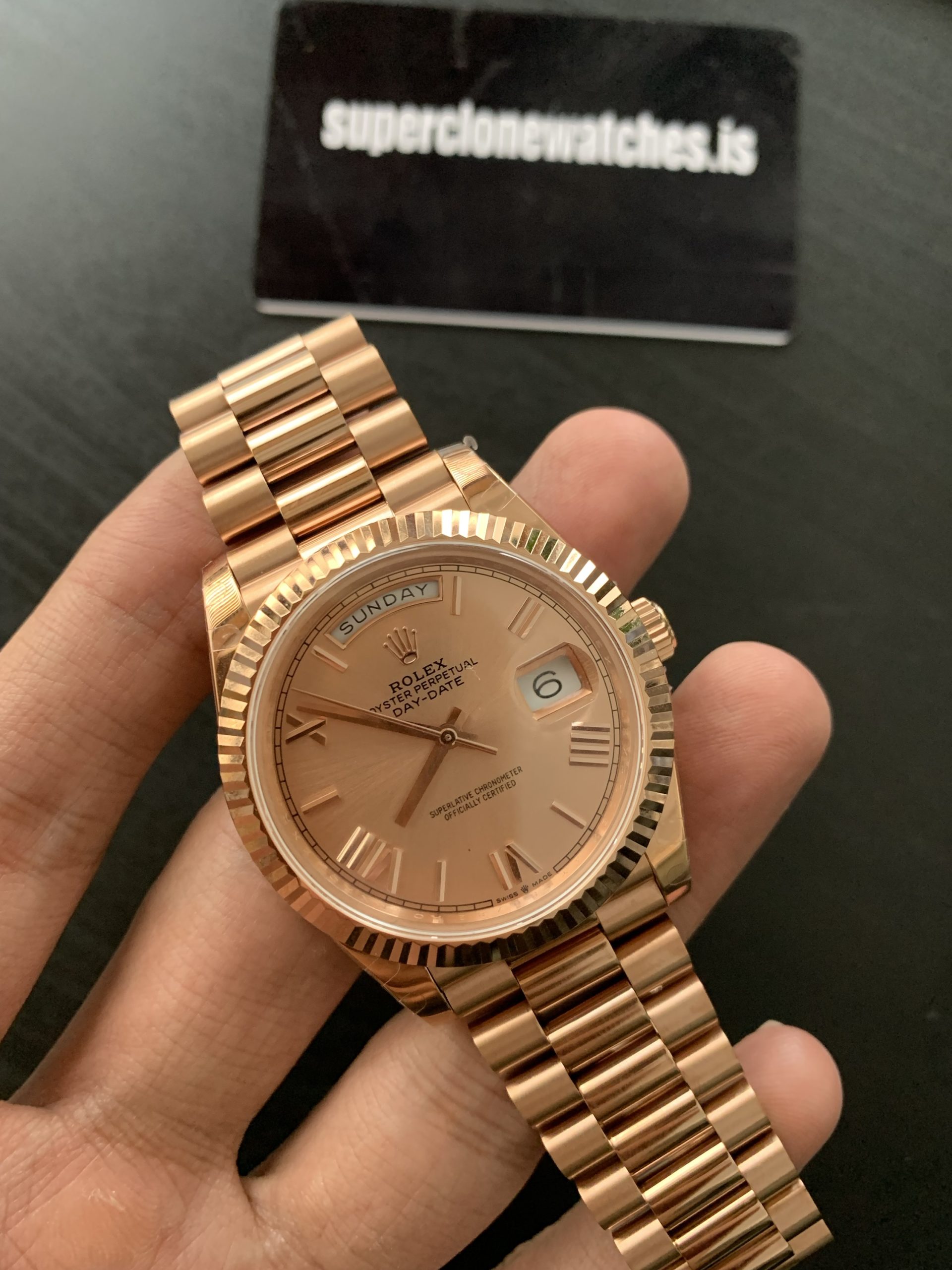 Clone Rolex Day Date 40 Rose Gold Sun Dust Dial