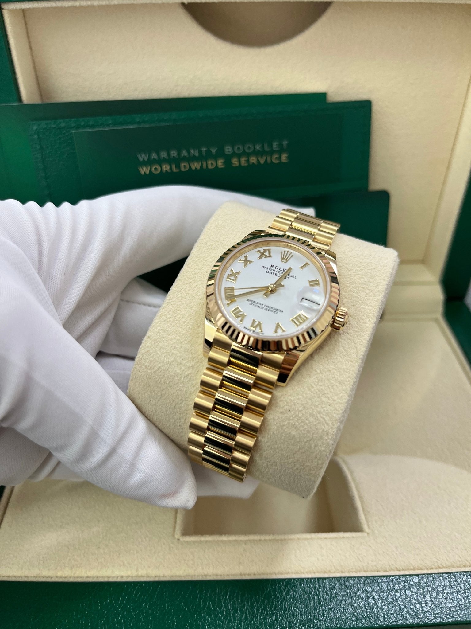 Rolex Datejust 31mm Yellow Gold 278278 White Roman Dial Ladies President Bracelet