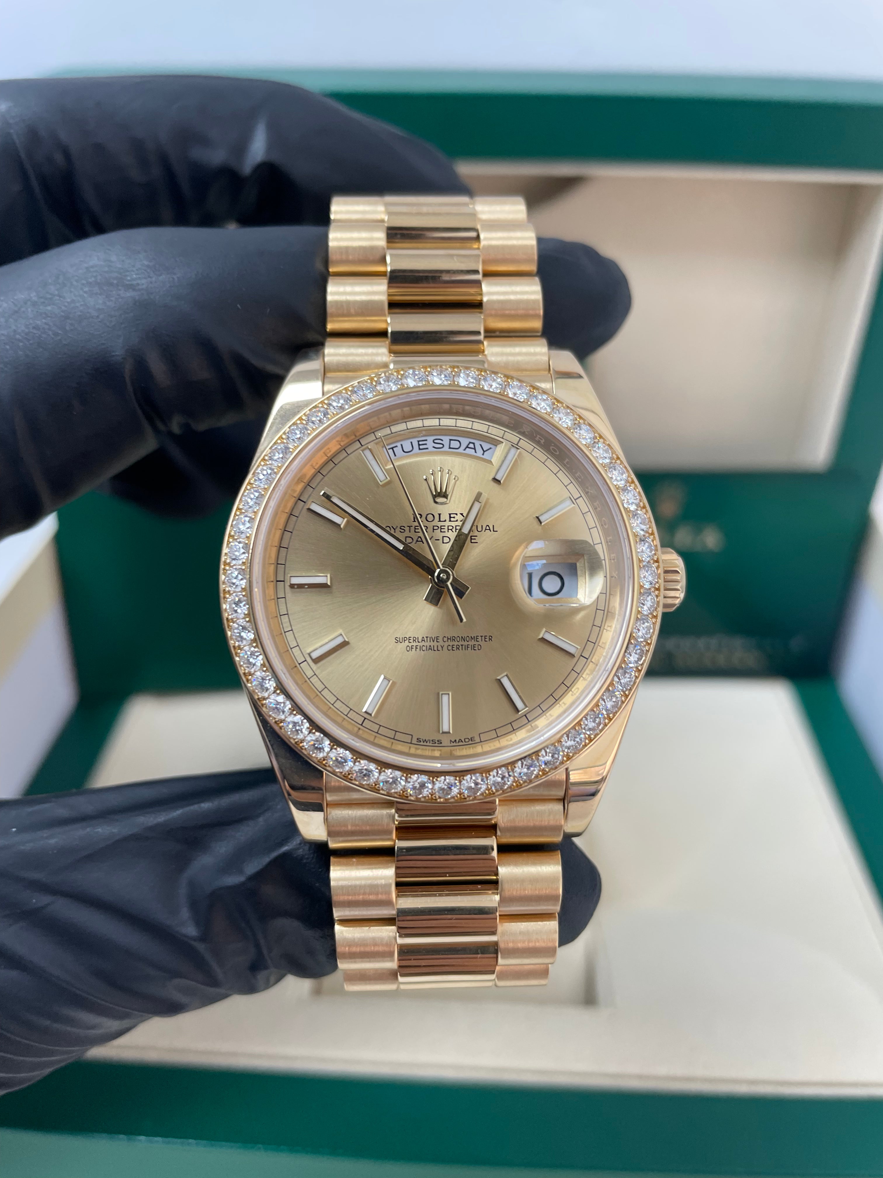 Rolex Yellow Gold Day-Date 40 Watch - Yellow Gold Bezel - Champagne Index Dial - President Bracelet ( Ref# 228348RBR)