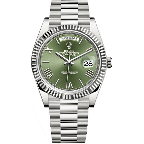 Swiss 1:1 Replica Rolex Day-Date 40 White Gold Olive Green Dial Ref.228239