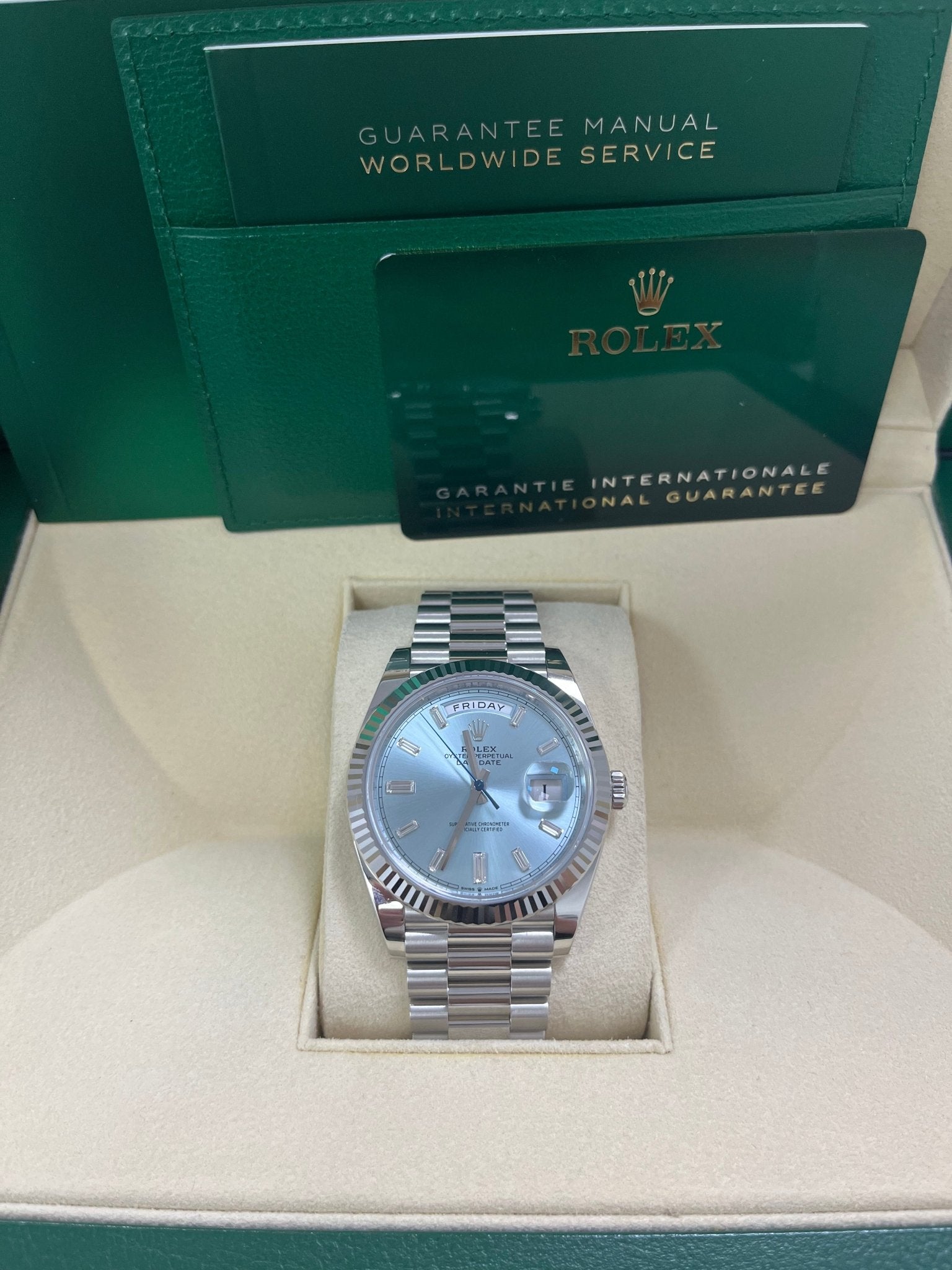 Rolex Day-Date 40 Platinum Day-Date 40 Watch - Fluted Bezel - Ice Blue Baguette Dial 228236