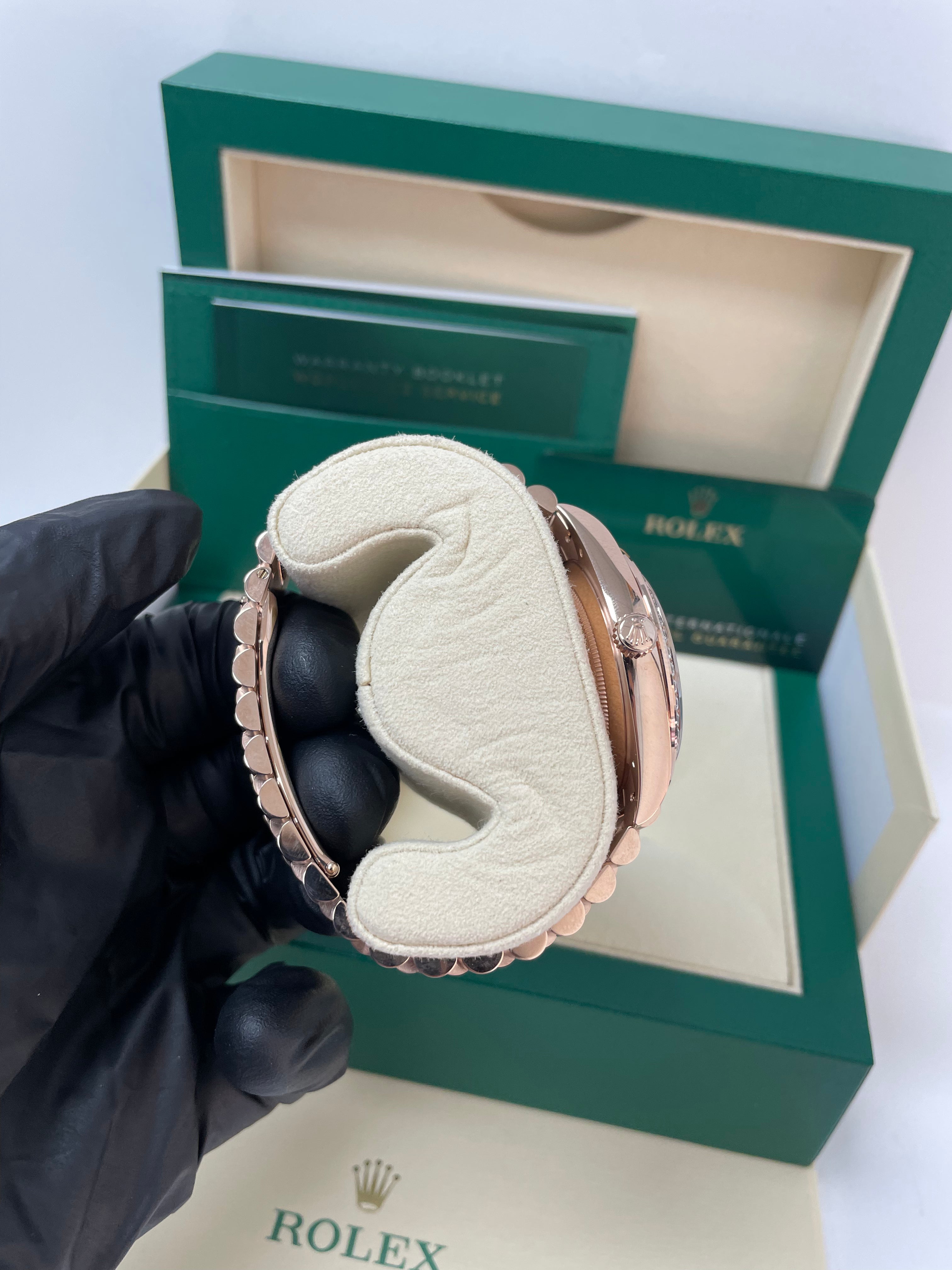 Rolex Everose Gold Day-Date 40 Watch - Everose Gold Bezel - Olive Green Bevelled Roman Dial - President Bracelet (Ref# 228345RBR)