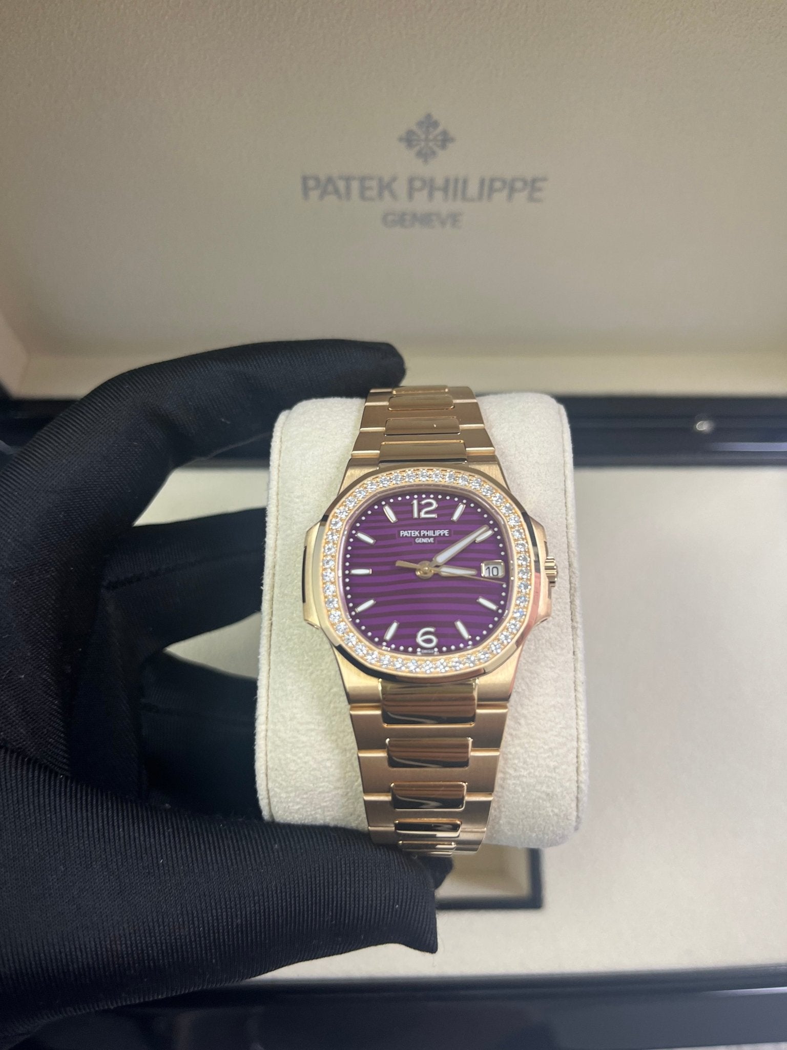 Patek Philippe Nautilus 32mm Diamond Bezel Rose Gold Purple Wave Dial 7010/1R-013