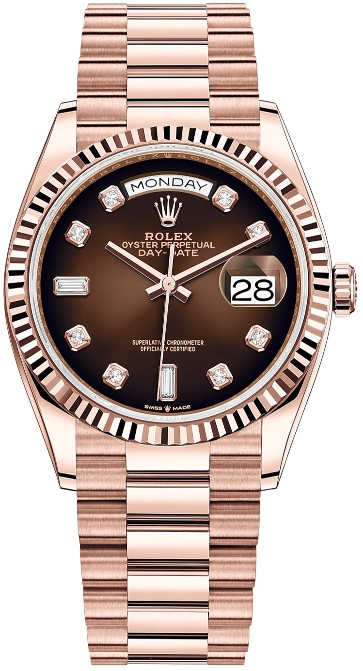 Rolex Everose Gold Day-Date 36 Watch - Fluted Bezel - Brown Ombre�� Diamond Dial - President Bracelet (Ref# 128235)