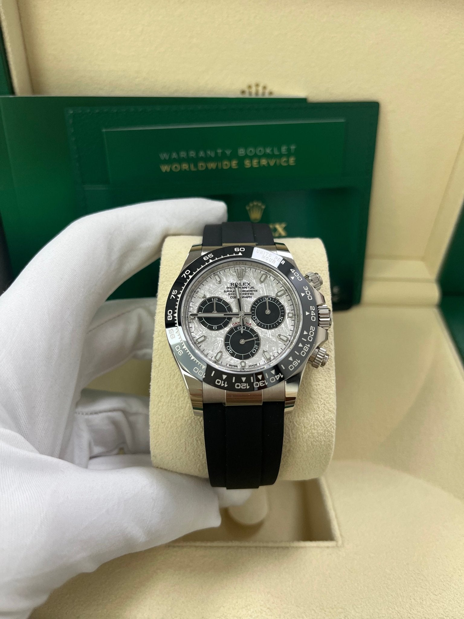 Rolex Daytona White Gold Daytona 40 Watch - Meteroite and Black Index Dial - Black Oysterflex 116519LN