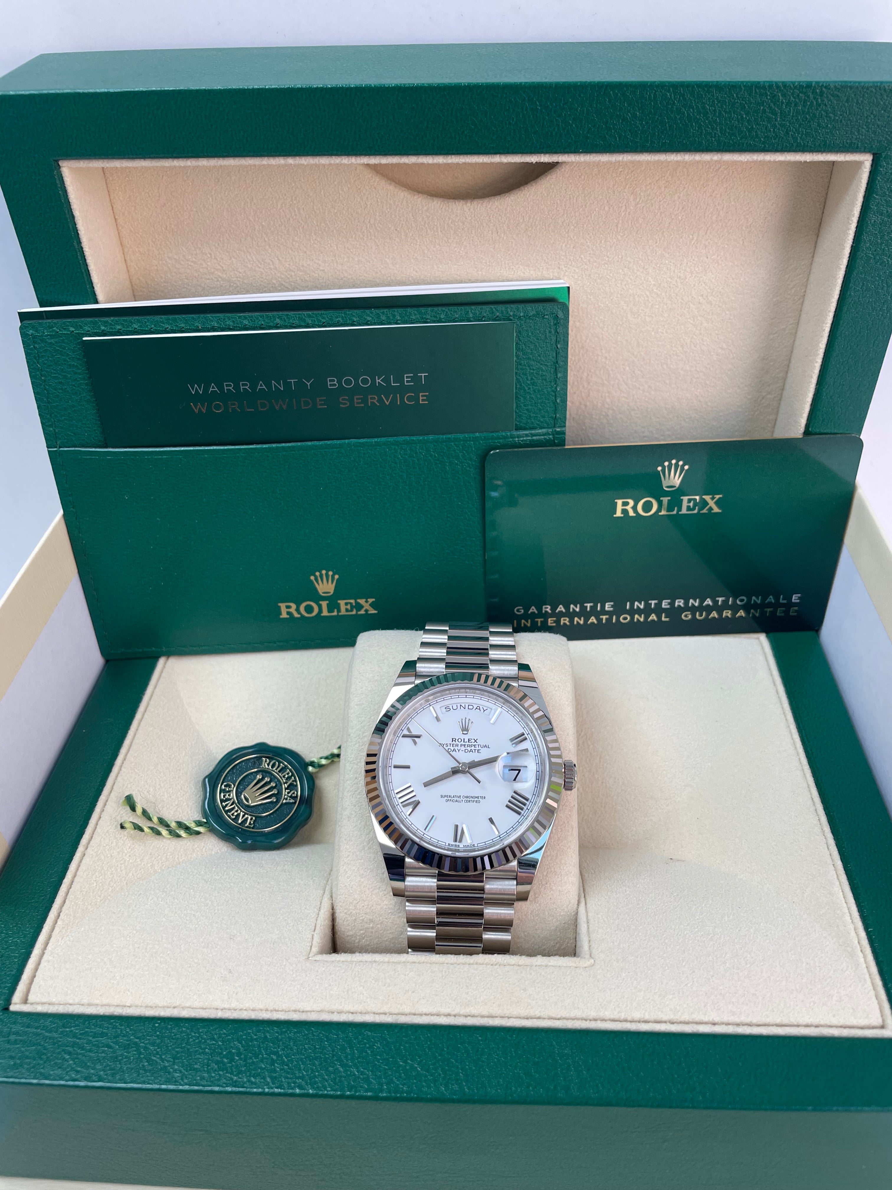 Rolex Day-Date 40 White Gold - White Roman Dial - Fluted Bezel - President Bracelet (Ref: 228239)