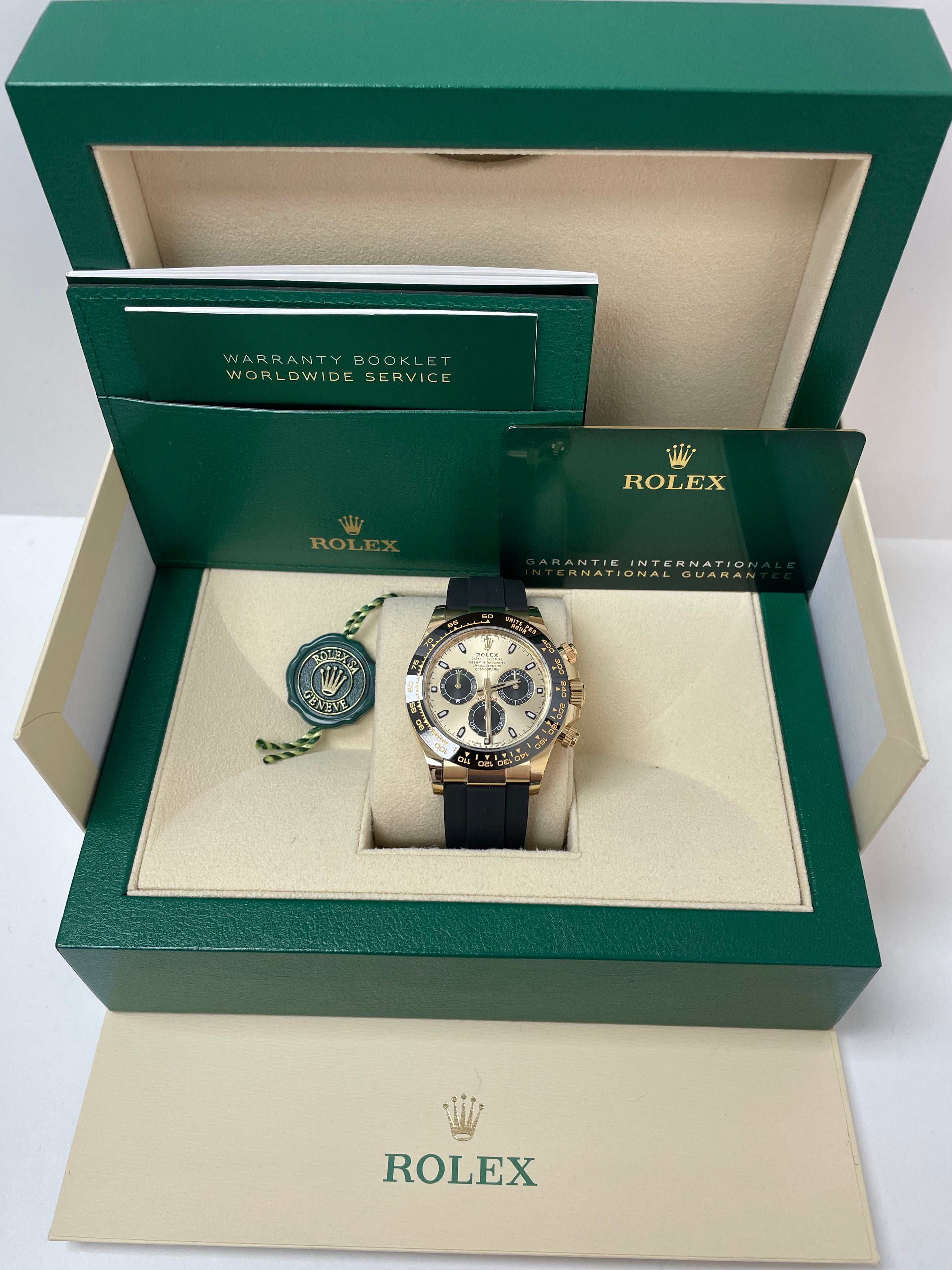 Rolex Daytona 40mm Champagne Dial with Black Subdials/ Black Oysterflex Strap (Reference # 116518LN)