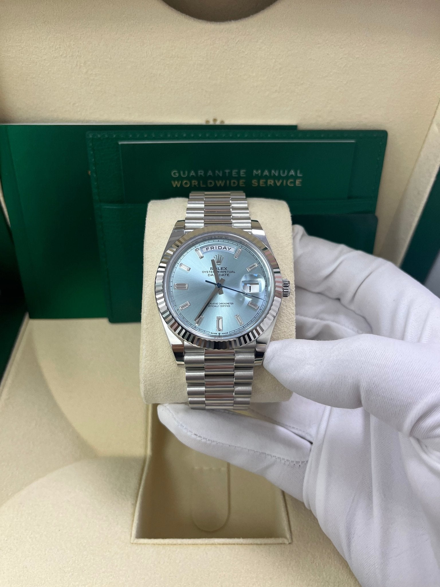 Rolex Day-Date 40 Platinum Day-Date 40 Watch - Fluted Bezel - Ice Blue Baguette Dial 228236