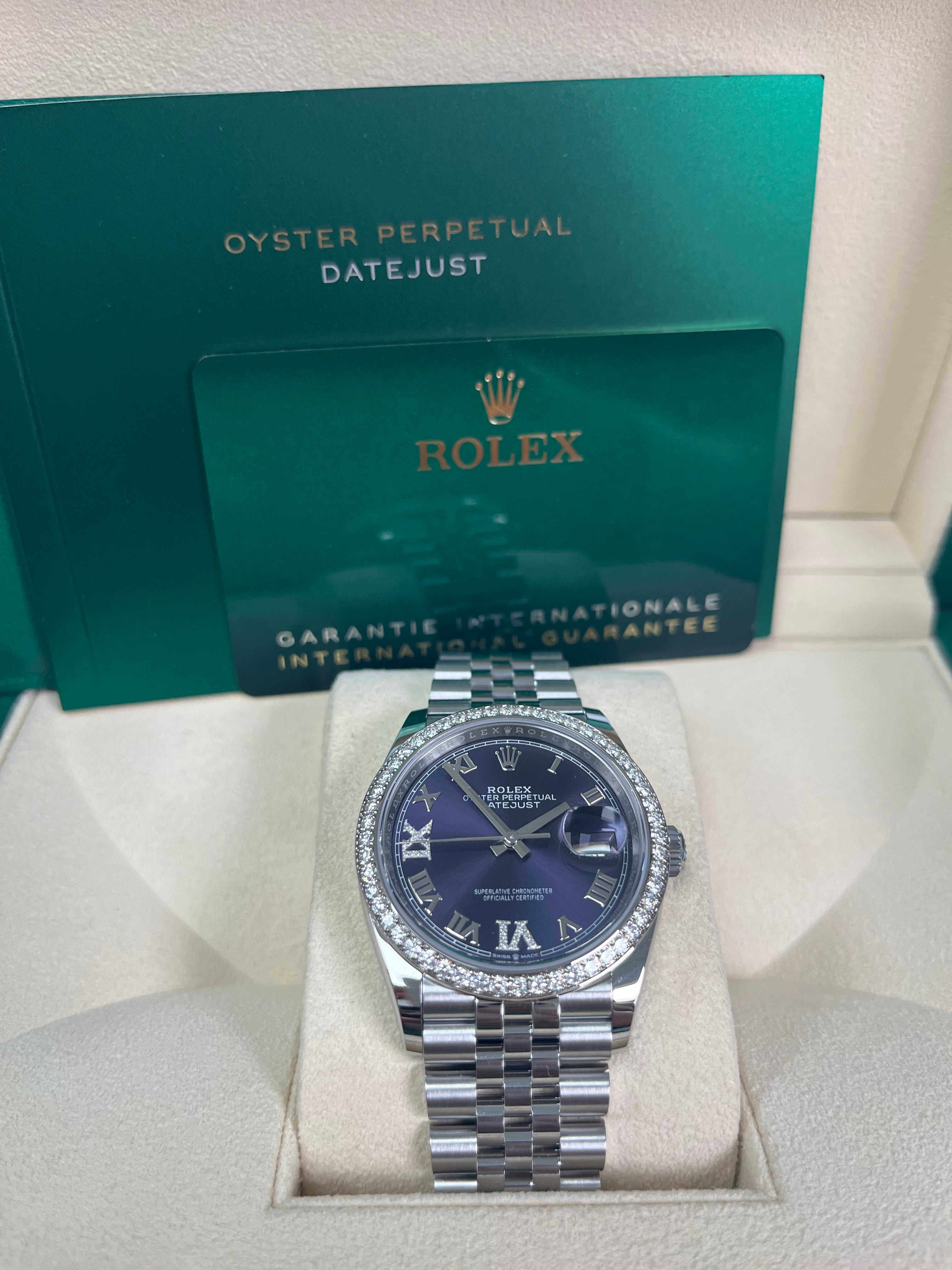 Rolex Steel Datejust 36 Watch - Diamond Bezel - Aubergine Purple Diamond Roman VI and IX Dial - Jubilee Bracelet (Reference #126284rbr)
