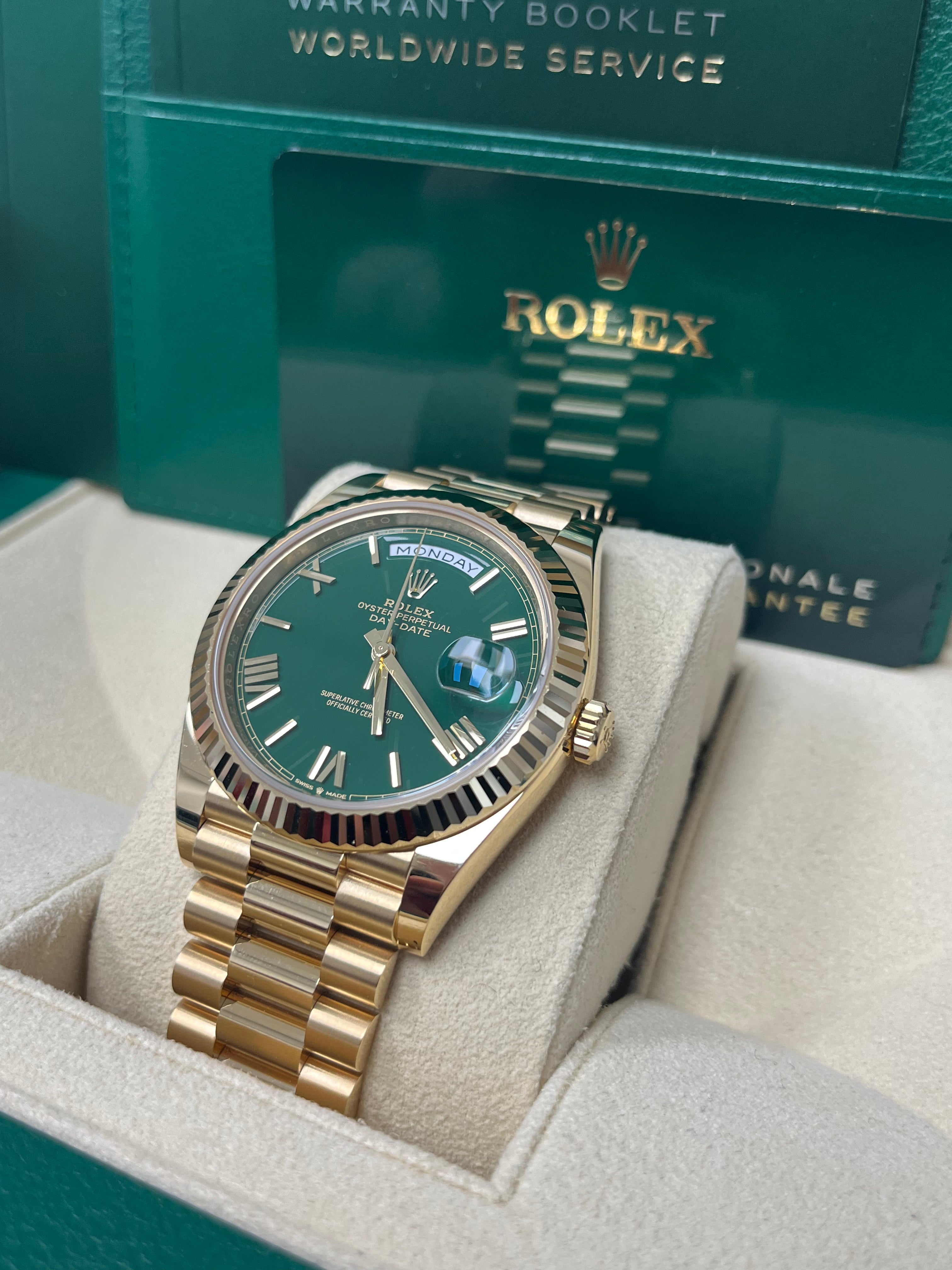 Rolex Day-Date 40 Yellow Gold Day-Date 40mm Reference 228238 Green Roman Dial New 2022 Release
