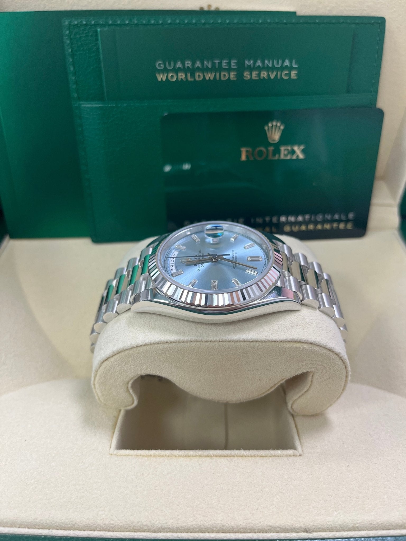 Rolex Day-Date 40 Platinum Day-Date 40 Watch - Fluted Bezel - Ice Blue Baguette Dial 228236