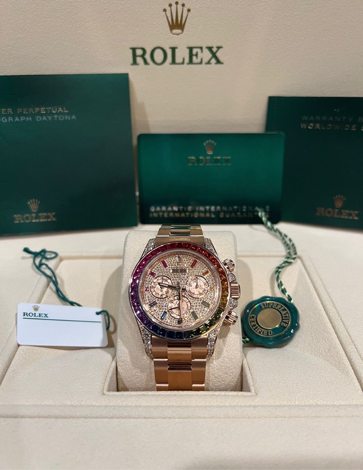 Rolex Cosmograph Everose Daytona Factory Diamond Rainbow Edition Ref# 116595RBOW)