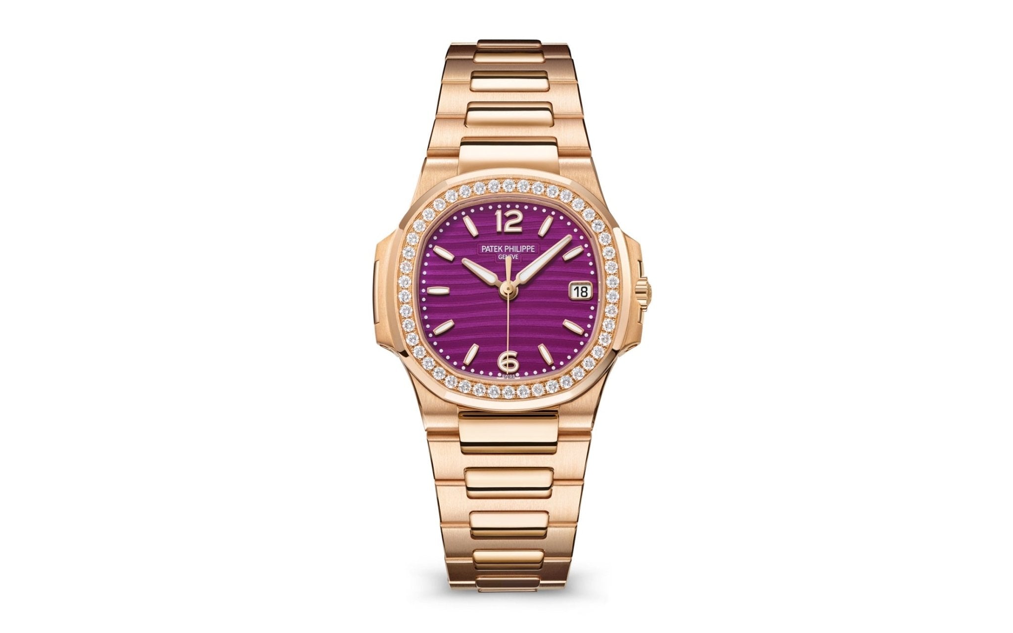 Patek Philippe Nautilus 32mm Diamond Bezel Rose Gold Purple Wave Dial 7010/1R-013