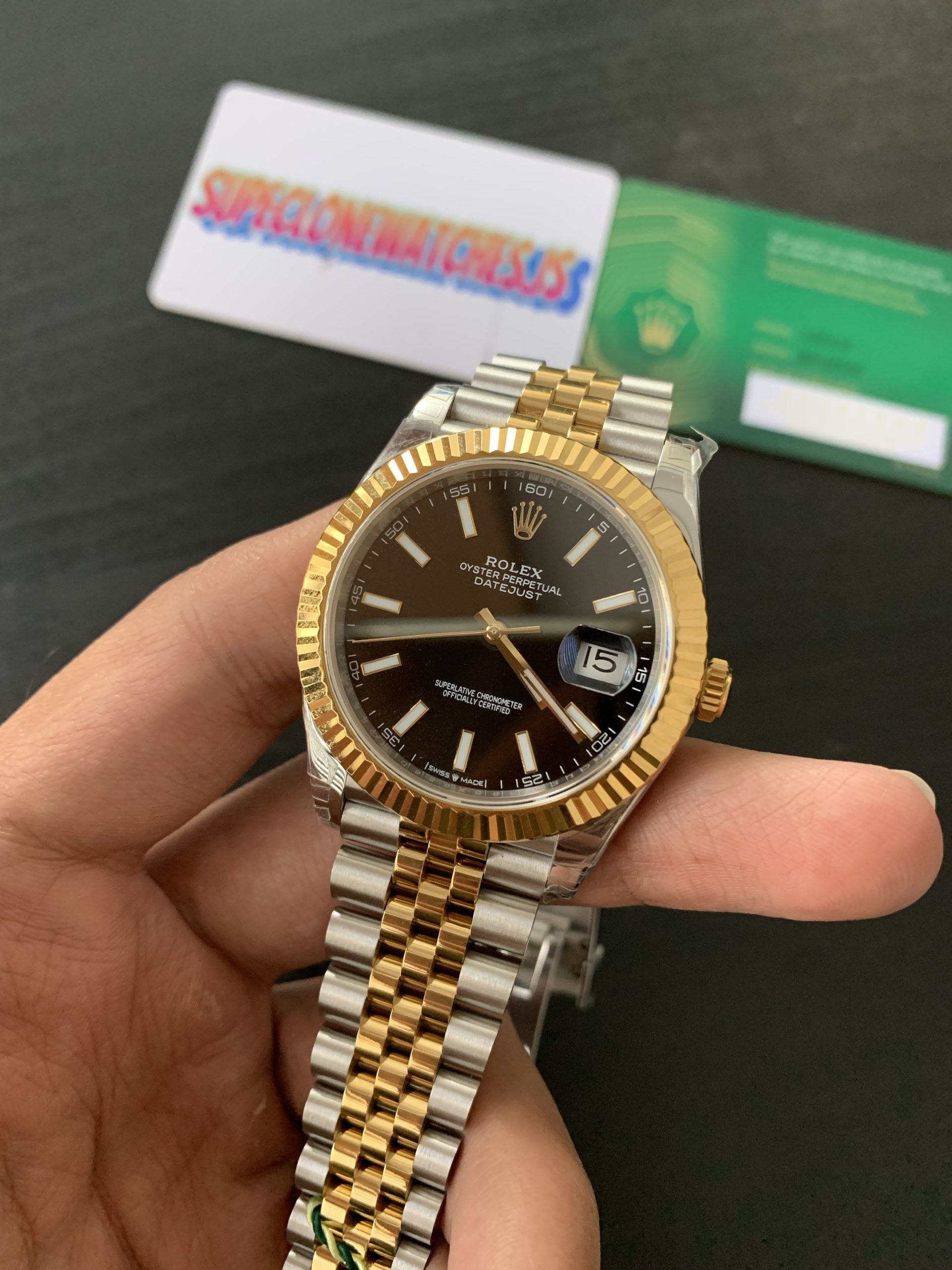 Clone Rolex Datejust Jubilee Two Tone Yellow Gold Black Dial Swiss Movement