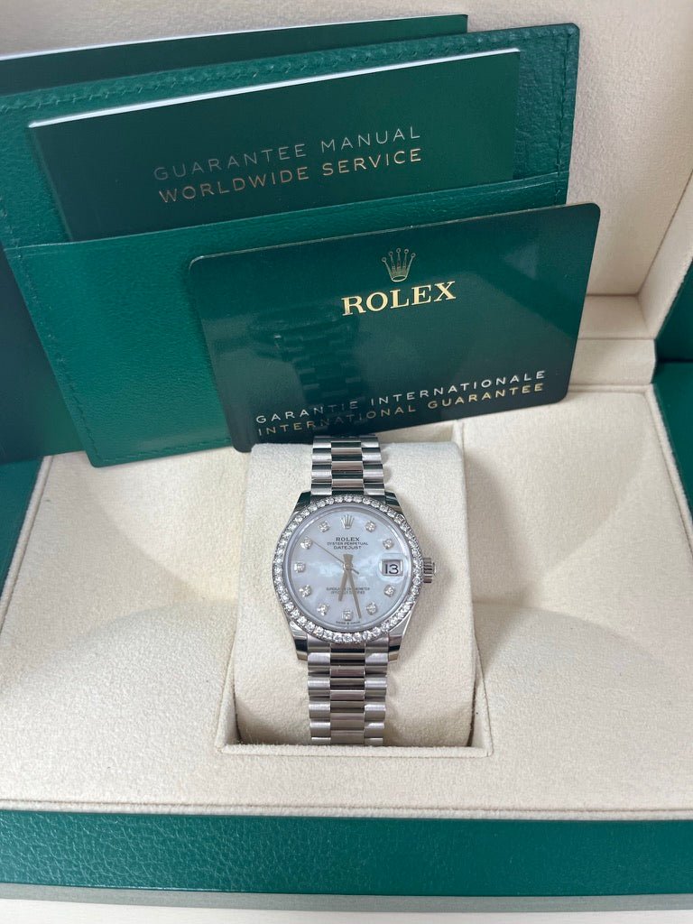 Rolex White Gold Datejust 31 Watch - Diamond Bezel - Mother-Of-Pearl Diamond Dial - President Bracelet (Reference #278289rbr)