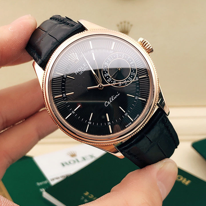 Rolex Cellini Date Watch 39mm rose gold black dial m50515-0011