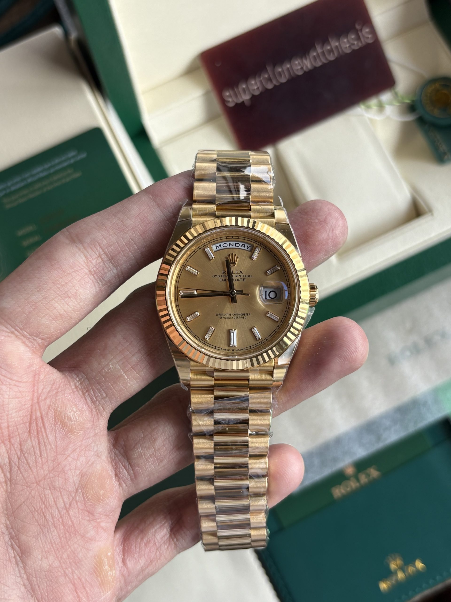 Rolex Day-Date 40 Yellow Gold Champagne Dial Baguette Diamond Hour Markers Clone
