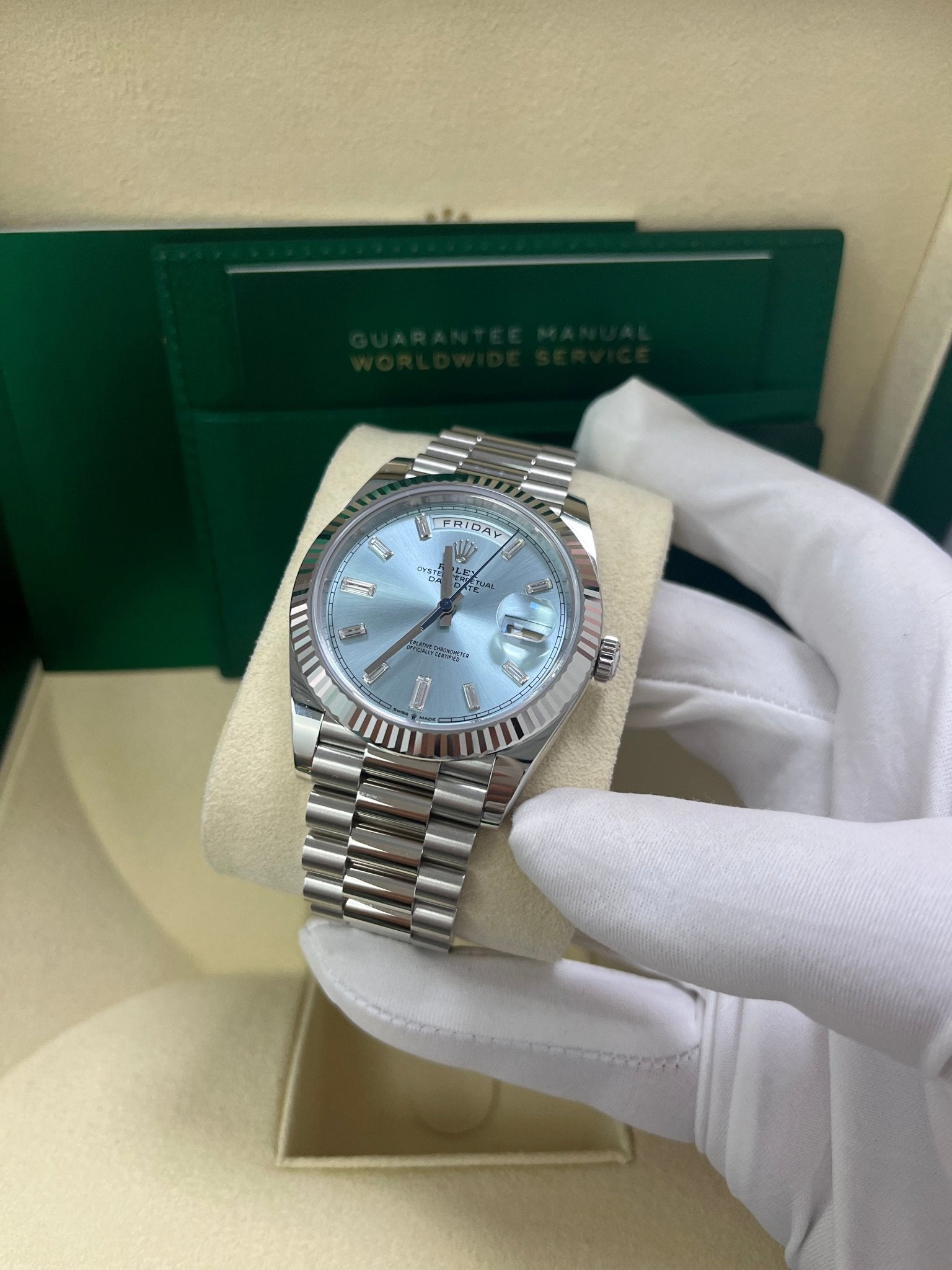 Rolex Day-Date 40 Platinum Day-Date 40 Watch - Fluted Bezel - Ice Blue Baguette Dial 228236