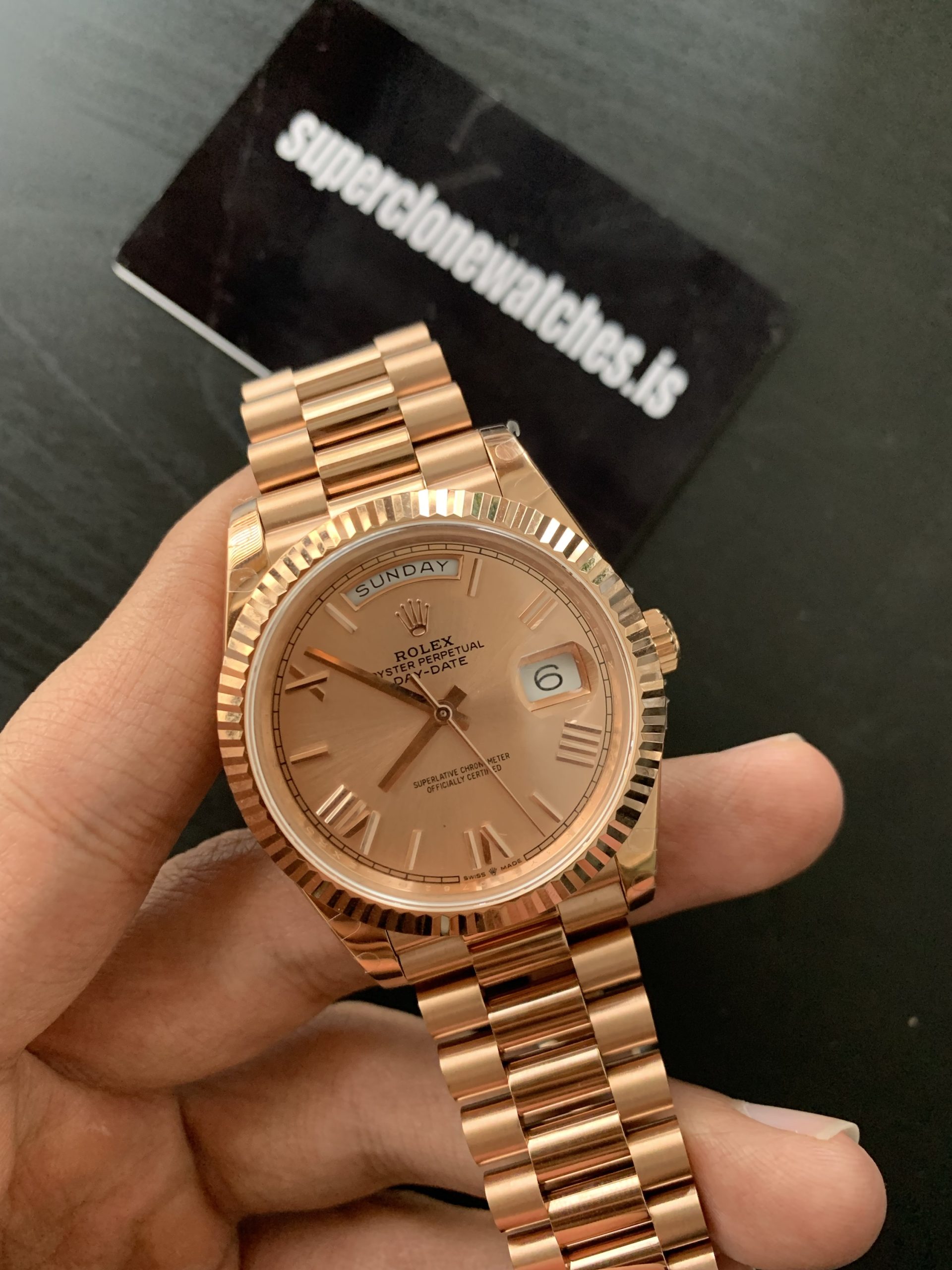 Clone Rolex Day Date 40 Rose Gold Sun Dust Dial