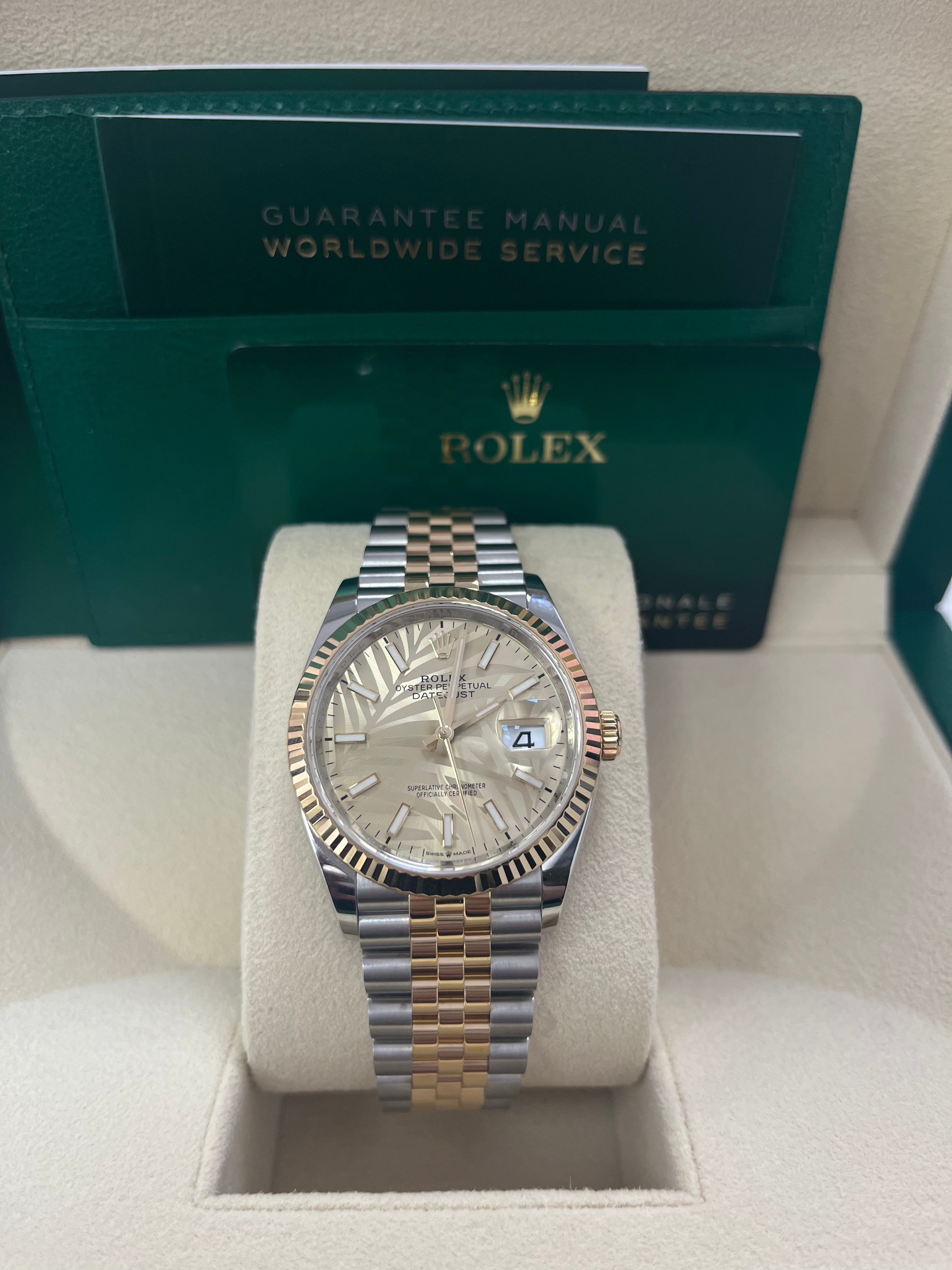 Rolex Datejust 36mm Steel and Yellow Gold Fluted Palm Dial Jubilee Bracelet (Ref# 126233)
