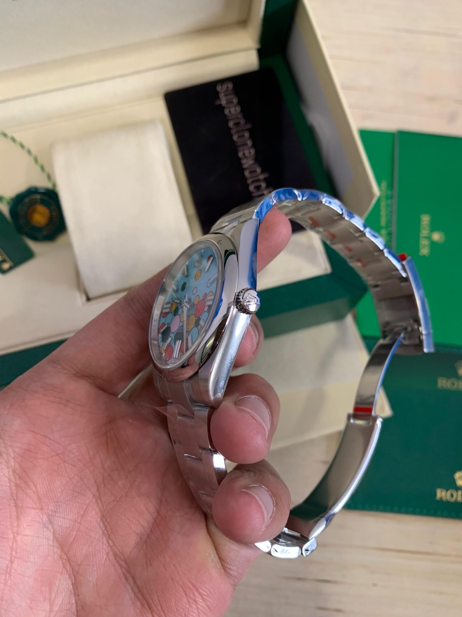 Celebration Motif Dial Rolex Oyster Perpetual 41mm Turquoise Blue Dial Replica