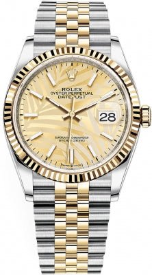 Rolex Datejust 36mm Steel and Yellow Gold Fluted Palm Dial Jubilee Bracelet (Ref# 126233)