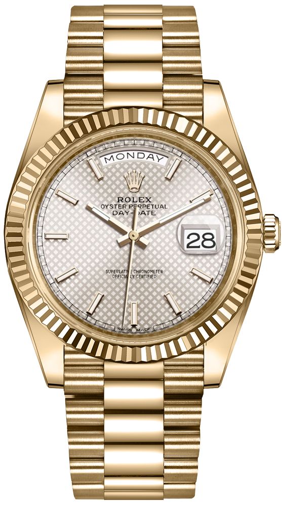 Rolex Day-Date 40 Yellow Gold - Silver Diagonal Motif - Index Dial (Ref# 228238)