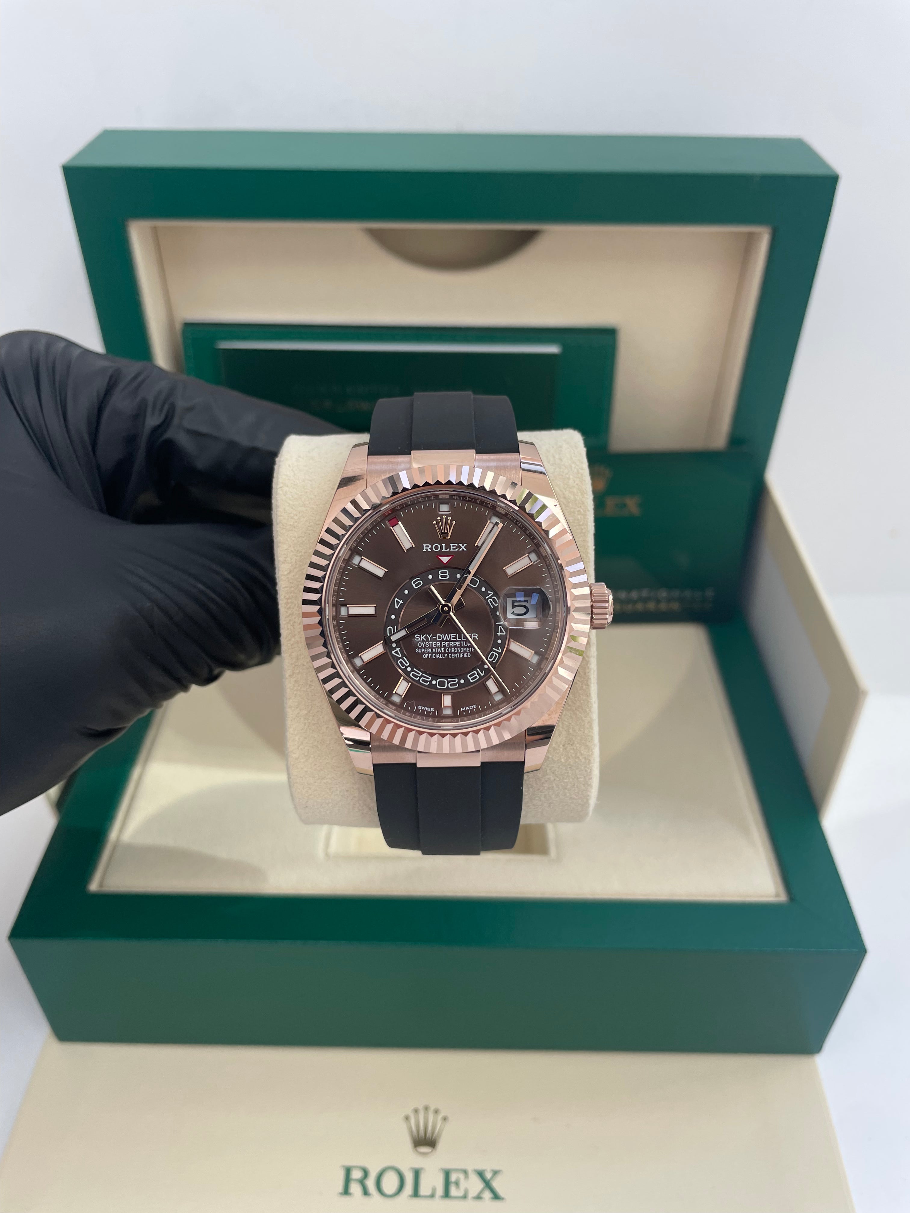 Rolex Sky-Dweller 42mm/ Rose Gold/ Chocolate Index Dial/ Oysterflex Bracelet (Ref # 326235)